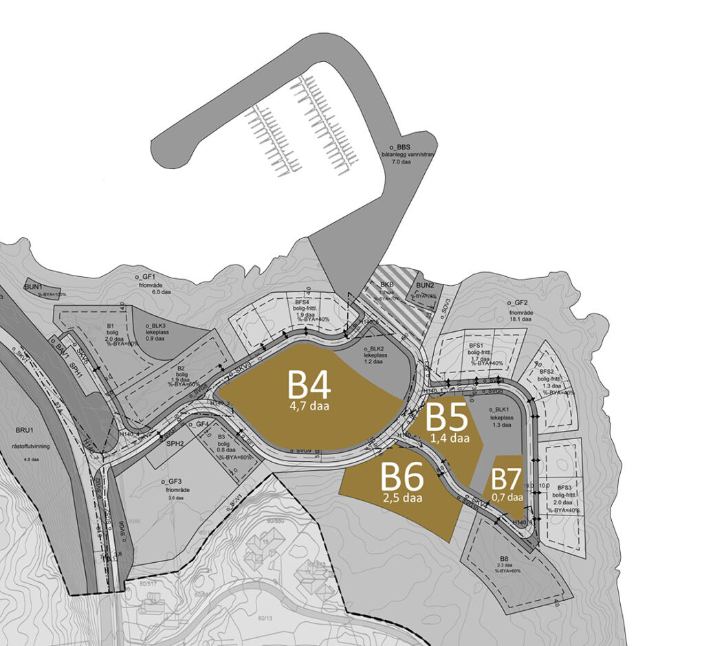 Tomt på Brenneset med markering av tomt b4-b7